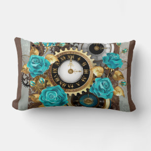Coussin Rectangle Steampunk Clock and Turquoise Roses on Striped