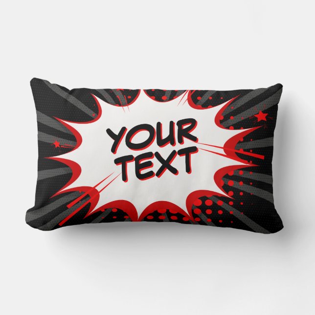 Coussin Rectangle Style BD Pop Art Retro Black Grey Rouge VOTRE TEXT (Recto)