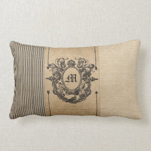 Coussin Rectangle Style de cru de monogramme de toile de jute
