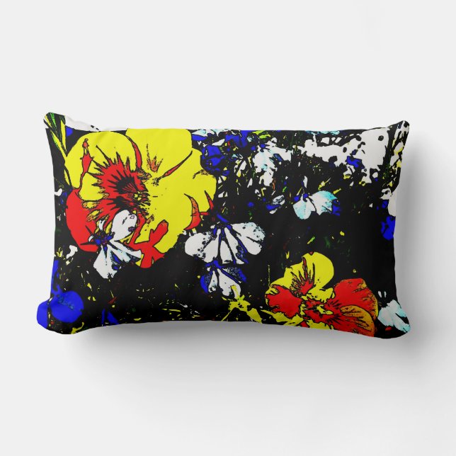 Coussin Rectangle style pop art rouge jaune bleu et blanc fleurs (Recto)