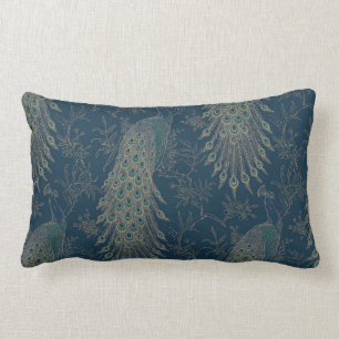 Coussin Rectangle Style victorien noir Turquoise et or Peacocks