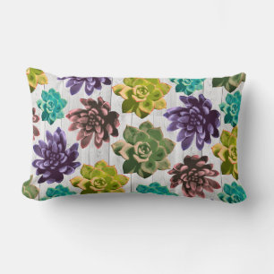 Coussin Rectangle Succulents colorés tendance et planches en bois bl