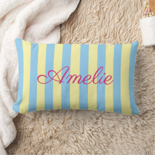 Coussin Rectangle Sur mesure bleu clair, jaune et rose rayé 