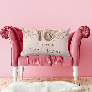 Coussin Rectangle Sweet 16 rose nom confetti or
