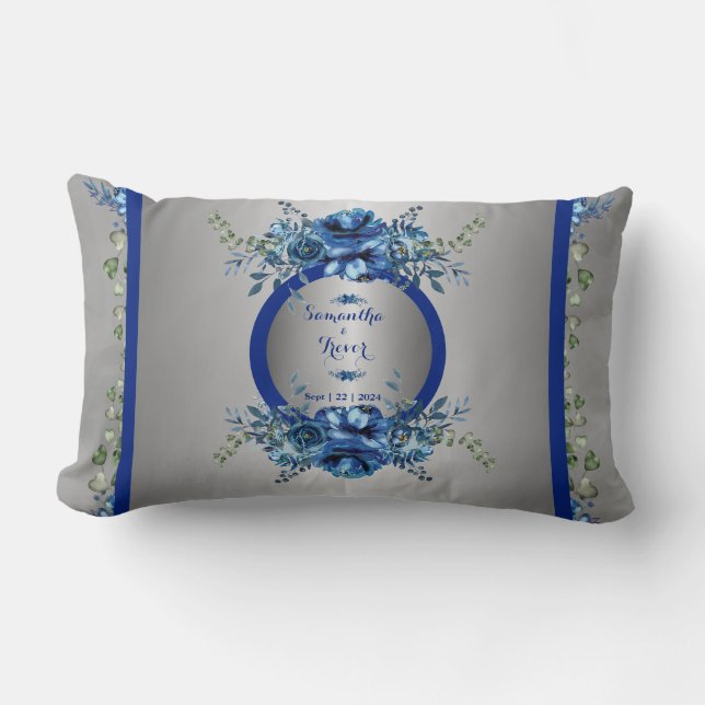 Coussin Rectangle Symphonie de pétales bleus et argentés  (Recto)