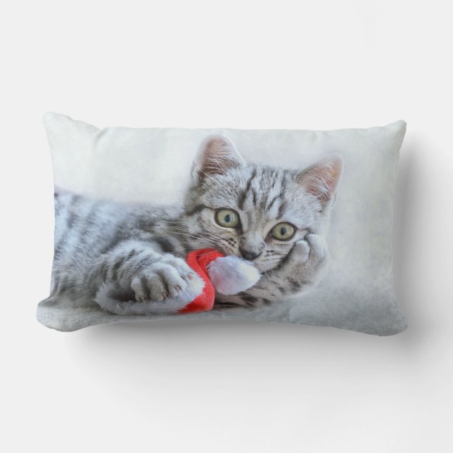 Coussin Rectangle Tabby gris mou Chat avec Noël Casquette (Recto)