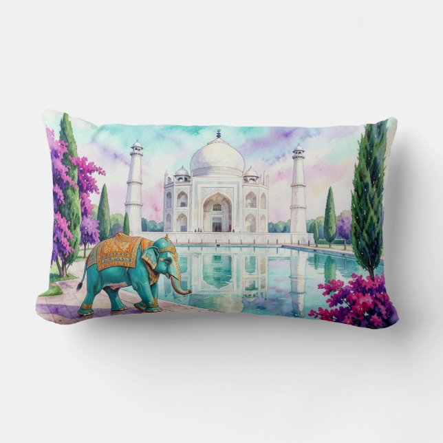 Coussin Rectangle Taj Mahal & Éléphant Aquarelle (Recto)