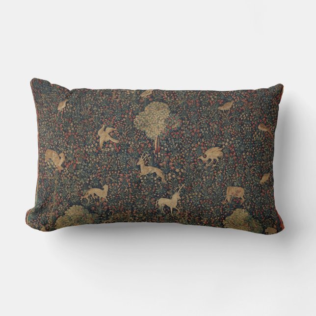 Coussin Rectangle Tapisserie allegorique Millefleurs avec animaux (Recto)
