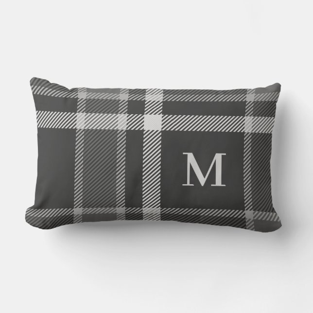 Coussin Rectangle Tartan gris de charbon foncé plaqué avec Monogramm (Recto)