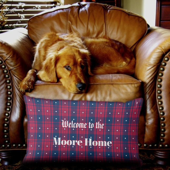 Coussin Rectangle Tartan - Patriotique - Bleu Rouge Étoiles Blanches (Créateur téléchargé)