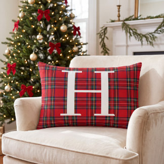 Coussin Rectangle Tartan Rouge à Carreaux Noël Personnalisé Monogram