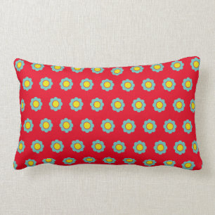 Coussin Rectangle Teal léger et fleurs jaunes sur le rouge lumineux