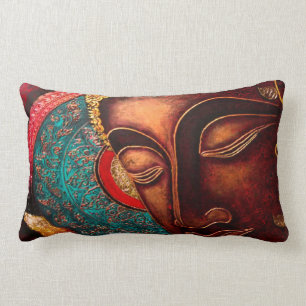 Coussin Rectangle Tête de Bouddha en bronze et Madala colorée