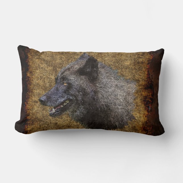 Coussin Rectangle Tête de loup gris sur le parchemin Faune Jeter l'o (Recto)