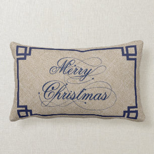 Coussin Rectangle Texte bleu et lin beige Épouser Noël