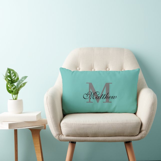 Coussin Rectangle Texte initial et nom personnalisé turquoise (Chaise)