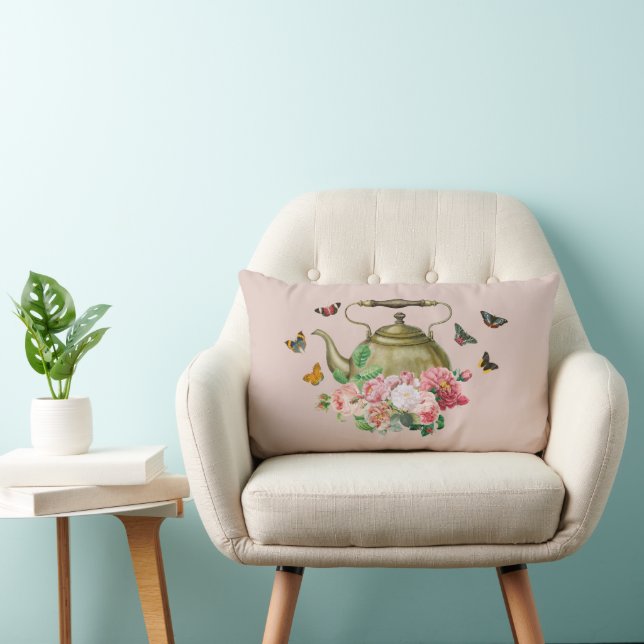 Coussin Rectangle Théière Fête Rose Floral & Papillons Bouilloire (Chaise)