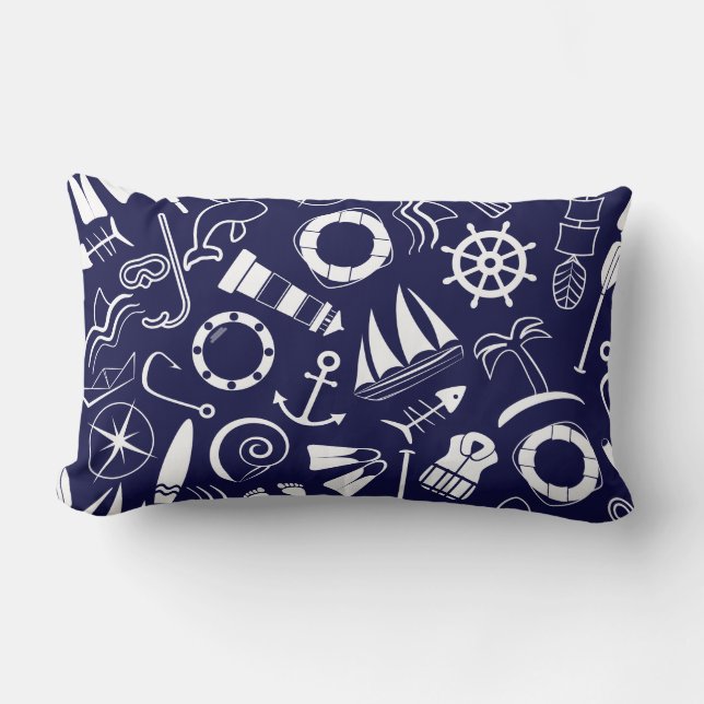 Coussin Rectangle Thème Marin Plage Bleu Marine Blanc Phare Marin (Recto)
