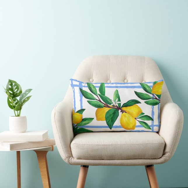 Coussin Rectangle Tissu d'oreiller à aquarelle de feuille de citron  (Chaise)