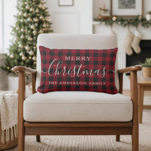 Coussin Rectangle Tissu Rouge à Carreaux Joyeux Noël Nom de Famille