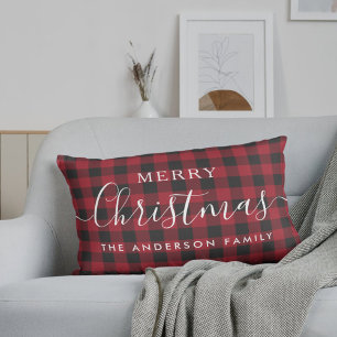 Coussin Rectangle Tissu Rouge à Carreaux Joyeux Noël Nom de Famille