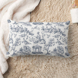 Coussin Rectangle Toile bleue de Jouy, style champêtre français