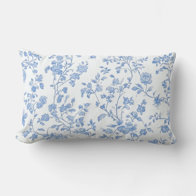 Coussin Rectangle Toile de Jouy Bleu Floral (Recto)