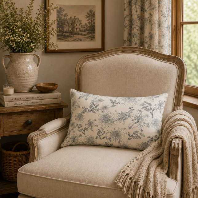 Coussin Rectangle Toile de Jouy botanique oiseau rustique campagne f (Créateur téléchargé)