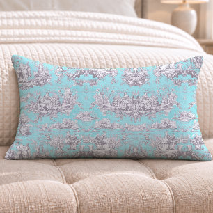 Coussin Rectangle Toile de Jouy florale aqua bleu vintage