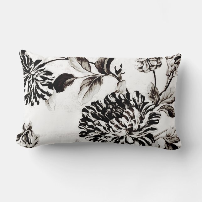 Coussin Rectangle Toile floral botanique blanc et noir antique No.2 (Recto)