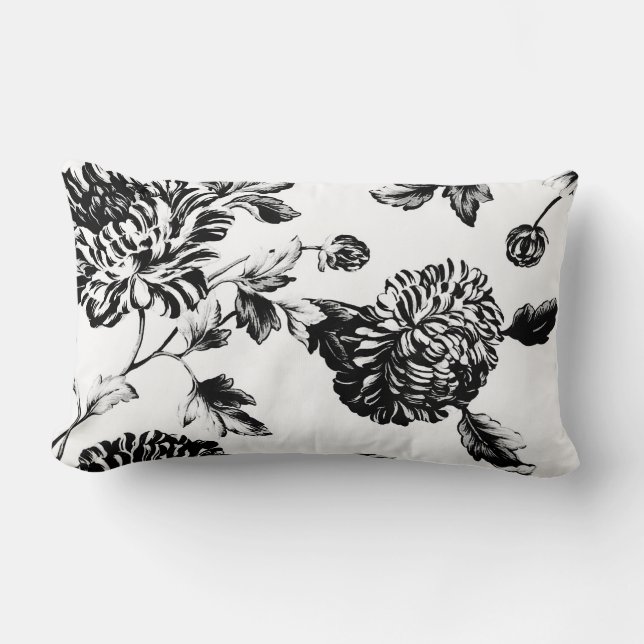 Coussin Rectangle Toile floral botanique noir et blanc (Recto)