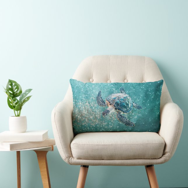 Coussin Rectangle Tortue de mer turquoise scintillante | Côté mer (Chaise)