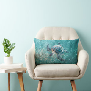 Coussin Rectangle Tortue de mer turquoise scintillante   Côtière