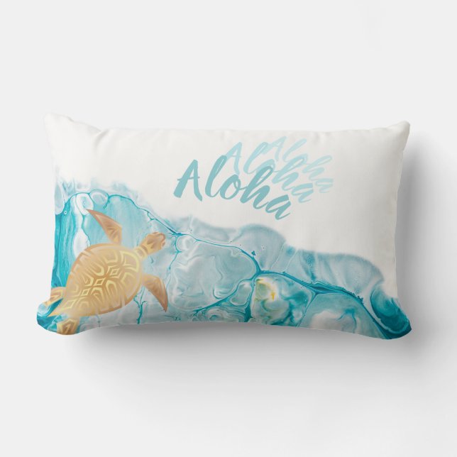 Coussin Rectangle Tortues dorées Texte Aloha à l'encre bleue  (Recto)