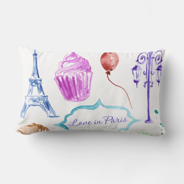 Coussin Rectangle Tour Eiffel Rose Bleue Art à l'aquarelle Paris (Recto)