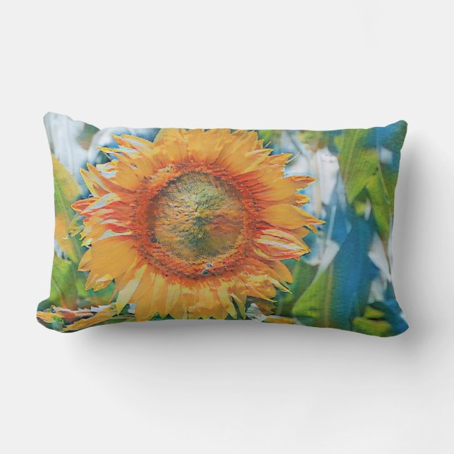 Coussin Rectangle Tournesol Vintage Aquarelle Fond Vert Bleu (Recto)