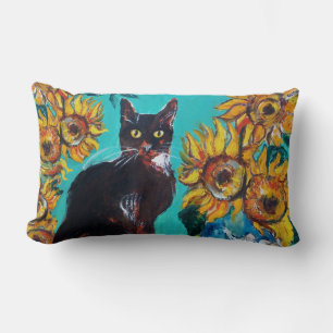 COUSSIN RECTANGLE TOURNESOLS AVEC CHAT NOIR EN TURQUOISE BLEU
