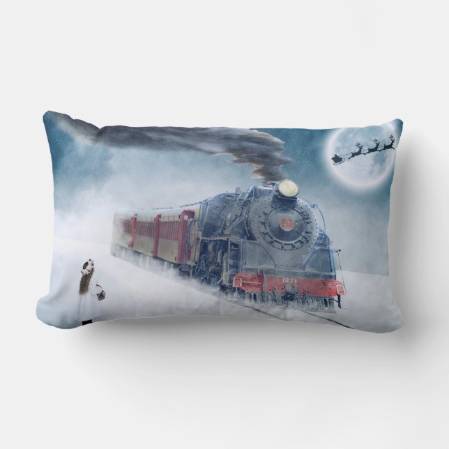 Coussin Rectangle Train de Noël d'hiver avec la fille (Recto)