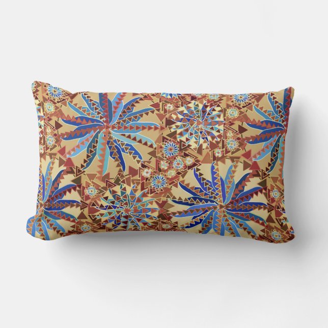 Coussin Rectangle Tribal Mandala Print, Camel Tan et Denim Blue (Recto)