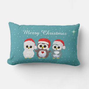 Coussin Rectangle Trois hiboux de Noël sur fond bleu saphir