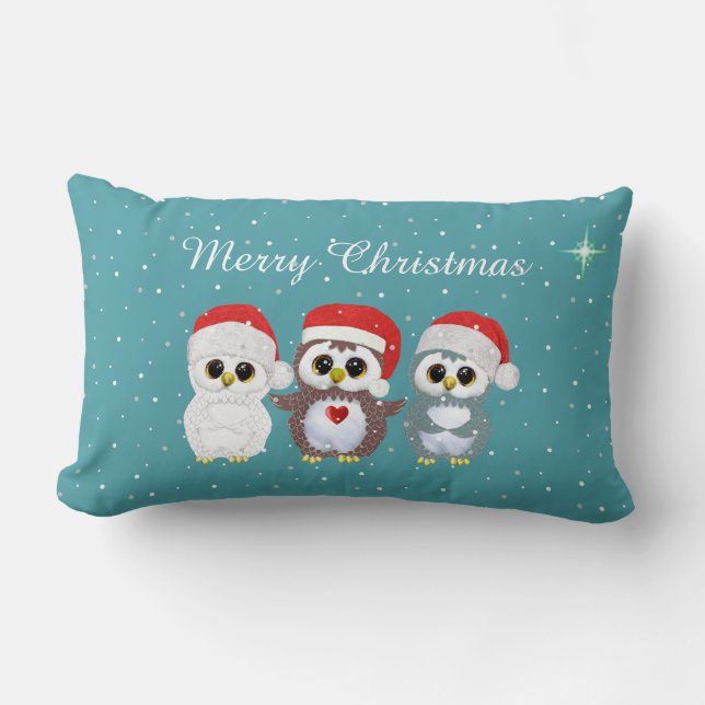 Coussin Rectangle Trois hiboux de Noël sur fond bleu saphir (Recto)