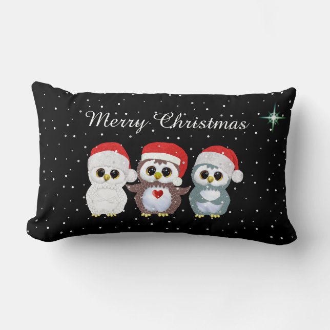 Coussin Rectangle Trois hiboux de Noël sur fond noir (Recto)