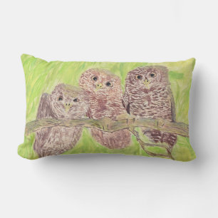 Coussin Rectangle Trois Petites Chouettes - peinture acrylique.
