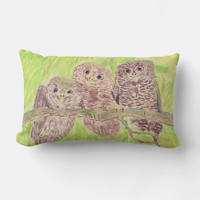 Coussin Rectangle Trois Petites Chouettes - peinture acrylique. (Recto)