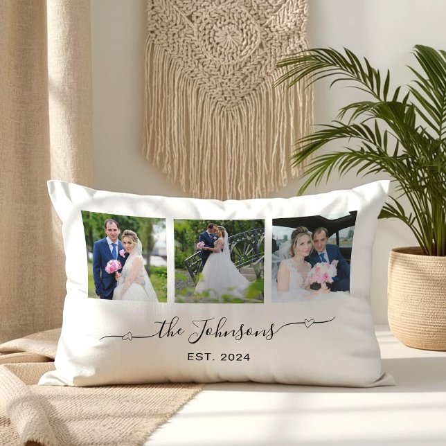 Coussin Rectangle Trois photos de mariage avec signature à queue en  (Three Wedding Photo Heart Swash Signature Lumbar Pillow)