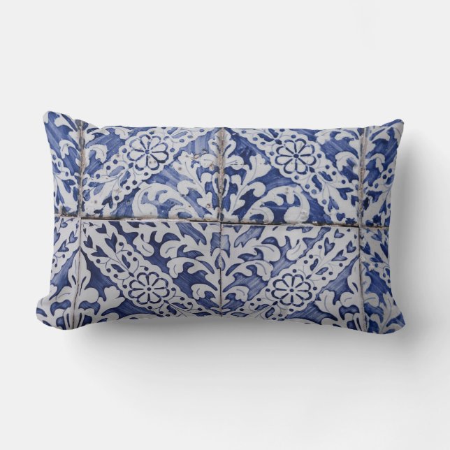 Coussin Rectangle Tuiles portugaises - Azulejo Floral bleu et blanc (Recto)