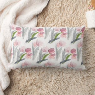 Coussin Rectangle Tulipes Florales Roses Feuilles Vert Sauge Blanc