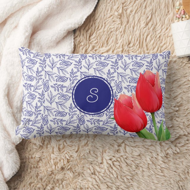 Coussin Rectangle Tulipes rouges élégantes Floral de printemps Monog (Couverture)
