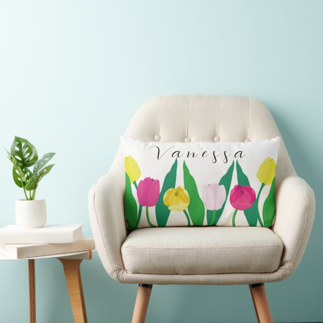 Coussin Rectangle Tulips Pink Yellow Purple Green Modern Customize. (Chaise)