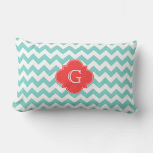 Coussin Rectangle Turq / Aqua Blanc Chevron Corail Quatrefeuille Mon
